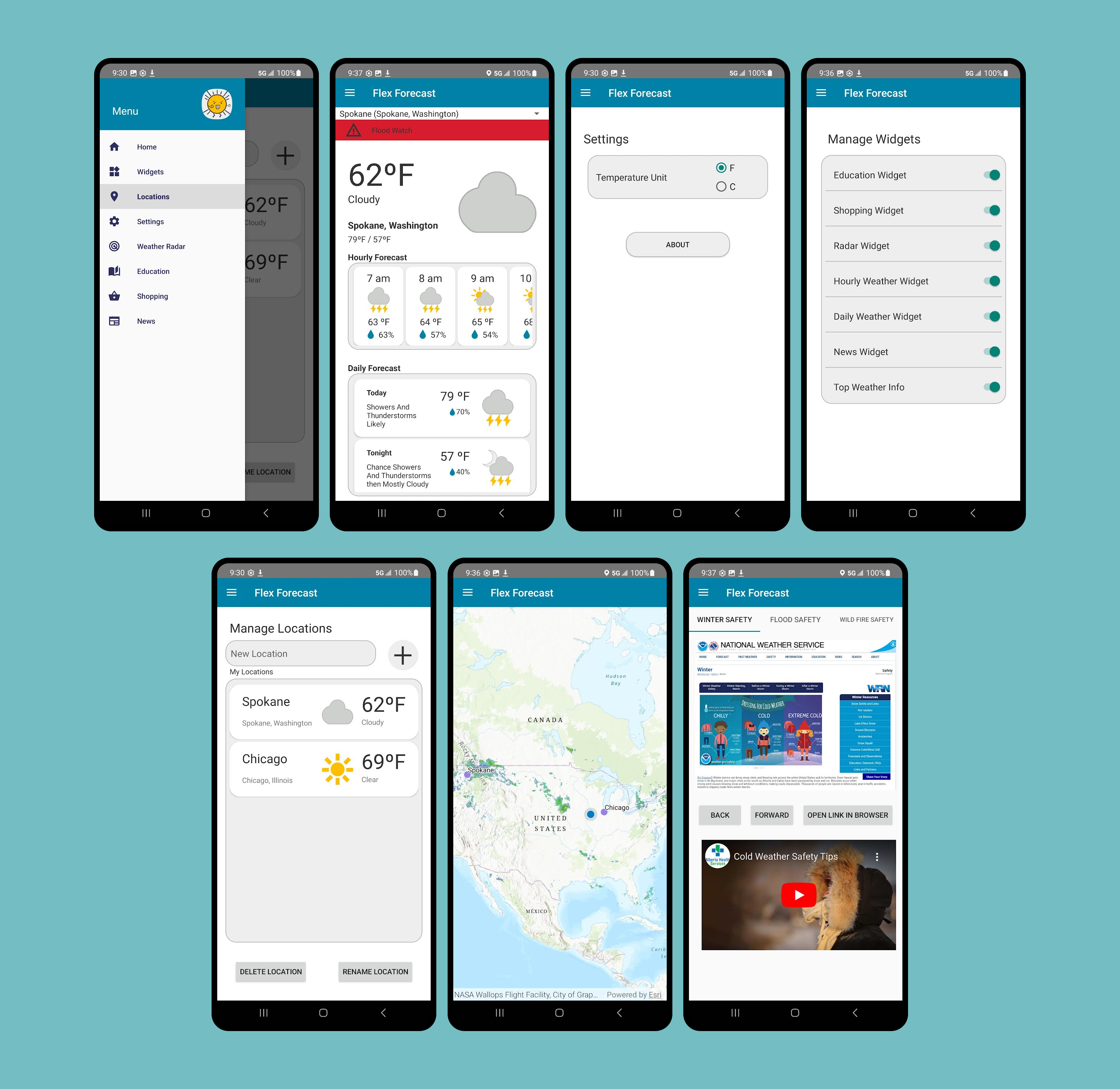 Display of seven different final screens of the flex forecast final product.