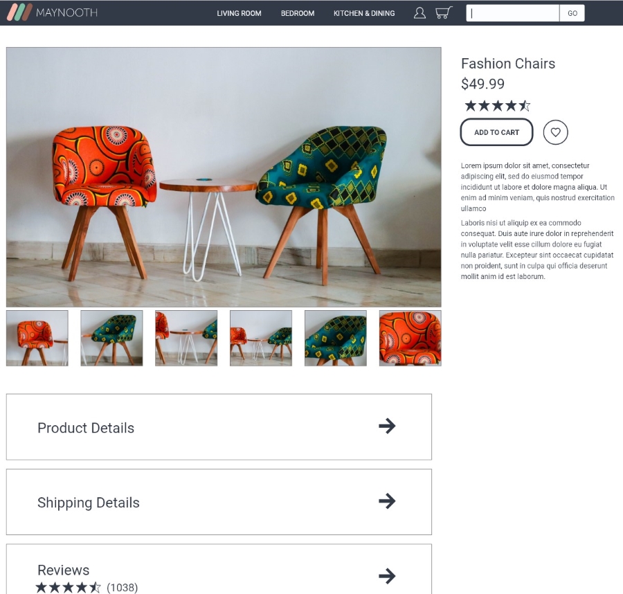 Image of orange and green chairs on a really cool product page.